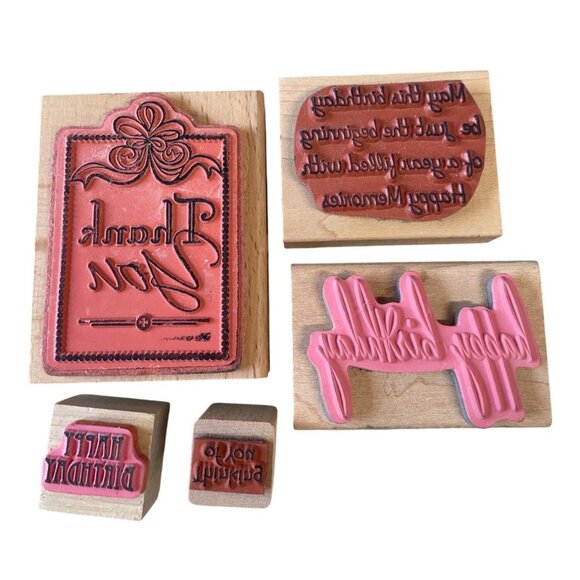 Wooden Rubber Stamps Set with Thank You Happy Birthday Thinking of You Designs - Picture 2 of 2